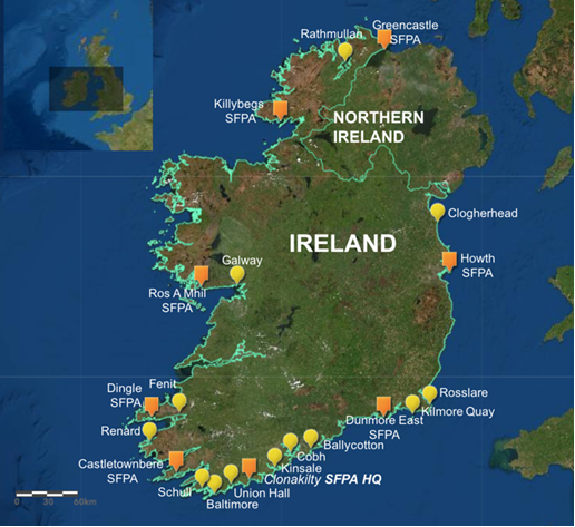 Map of Ireland showing the major places for fish landings.