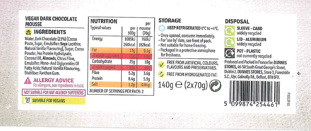Dunnes Stores Vegan Dark Chocolate Mousse Ingredients List