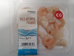 Front of pack labelled Wild Atlantic Prawns
