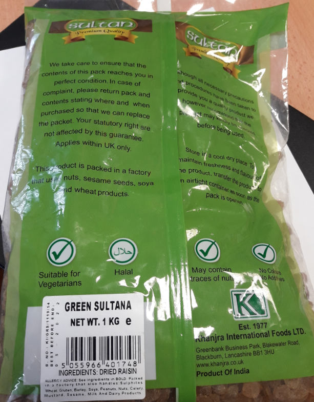 Sultan Premium Quality Green Sultana Back of Pack