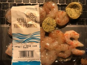 Front of pack labelled Queen Scallops and King Prawns